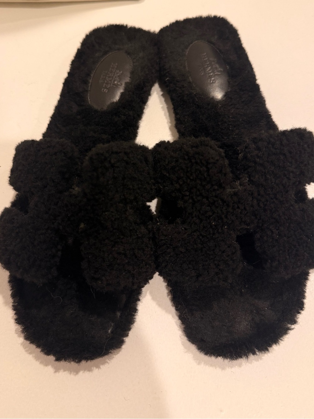 Hermes Black Shearling Oran Slide Flats Size 38